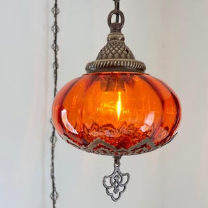 Plug-in Pendant Light, Swag Light Chain Cord Hanging Glass Lamp, Turkish Ceiling Lights, Orange Hanging Lamps