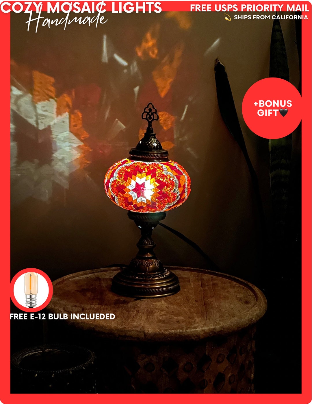 Orange Red Mosaic Table Lamp Handmade Unique Gifts for - Etsy