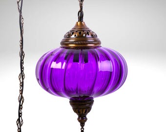 Turkish Swag Lamp: Amber Glass Plug-In Pendant Light with 15ft Chain