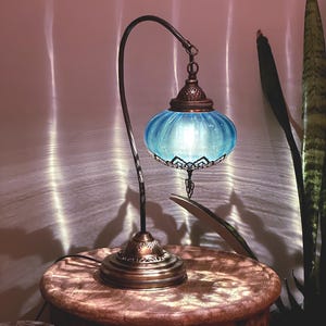 Teal Turkish Table Lamp: Swan Neck Mosaic Night Light