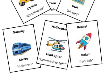 May include: A set of colorful flashcards featuring various modes of transportation and basic locations, with Turkish words and pronunciations. The cards include images of a bus, train, hotel, subway, helicopter, and rocket.