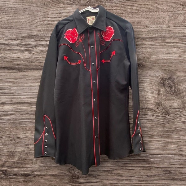 H Bar C Ranchwear Black Pearl Snap Button Up Shirt, H Bar C Men's Shirt with Rose applique, Mens 16-1/2", H Bar C Westwood.  RARE