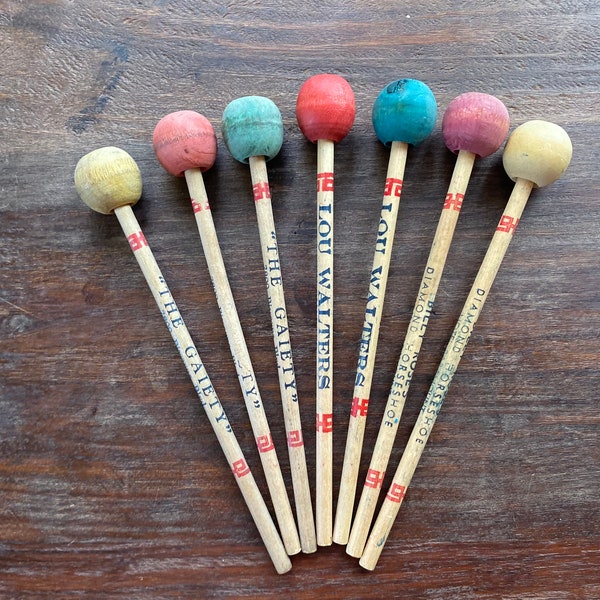 SET OF 7 Wood Table Knocker Drink Stir Stick, Wooden drum drink stirrers 1930s - 1950s, The Gaiety, Lou Walters Latin Quarter, Billy Roses