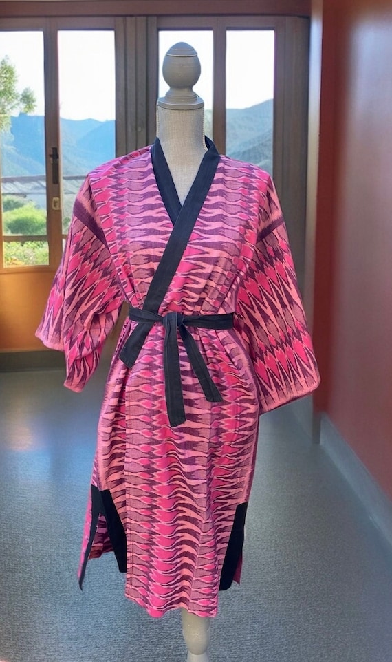 Vintage Bohemian Ikat Kaftan Robe, Kimono Style Ro