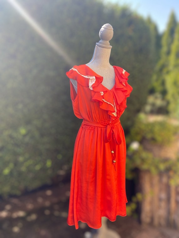 Vintage Dress, Ruffled and Lace Red Dress, Silky R