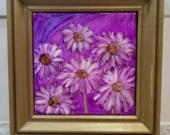 May include: A framed painting of purple flowers with white centers on a purple background.