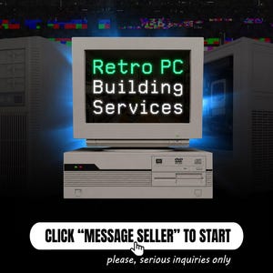 May include: A beige vintage computer monitor displaying the green and white text Retro PC Building Services, positioned above a matching beige desktop tower with a DVD drive. Below, a white button reads CLICK MESSAGE SELLER TO START.
