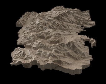 May include: A 3D printed model of a mountain range, rendered in a light brown color. The model is detailed with peaks, valleys, and ridges, creating a realistic representation of a mountainous landscape.