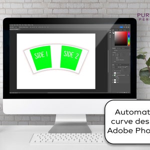 May include: A computer screen displaying a design for a cup with the words "Side 1" and "Side 2" on it. The text is in white and the background is green. The text "Automatically curve designs in Adobe Photoshop" is displayed below the computer screen.