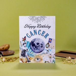 Cartão de feliz aniversário de câncer, cartão de aniversário de astrologia vintage, cartão de astrologia de câncer, cartão de aniversário para câncer, presente de amante de astrologia