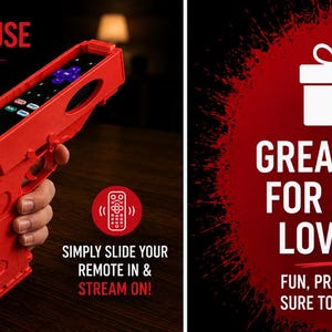 K&ouml;nnte beinhalten: Ein leuchtend roter Kunststoff-Fernbedienungshalter in Pistolenform mit einer schwarzen Roku-Fernbedienung. Der Text lautet 10 EASY TO USE, SIMPLY SLIDE YOUR REMOTE IN & STREAM ON! und GREAT GIFT FOR ROKU LOVERS! FUN, PRACTICAL & SURE TO IMPRESS!