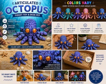 Cute Articulated Octopus Toy – 3D Printed Fidget Ocean Animal – Desk Pet Sensory Toy – Flexible Tentacle Octopus Gift – Colors Vary