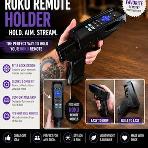 K&ouml;nnte beinhalten: Ein schwarzer, pistolenf&ouml;rmiger Roku-Fernbedienungshalter mit strukturierter Oberfl&auml;che. Der Halter verf&uuml;gt &uuml;ber einen Schlitz f&uuml;r eine Roku-Fernbedienung, einen Griff f&uuml;r bequemen Halt und Text, einschlie&szlig;lich ROKU REMOTE HOLDER, HOLD. AIM. STREAM., FIT & LOCK DESIGN.