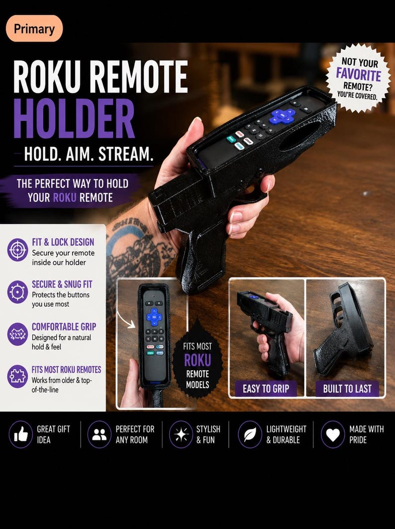 K&ouml;nnte beinhalten: Ein schwarzer, pistolenf&ouml;rmiger Roku-Fernbedienungshalter mit strukturierter Oberfl&auml;che. Der Halter verf&uuml;gt &uuml;ber einen Schlitz f&uuml;r eine Roku-Fernbedienung, einen Griff f&uuml;r bequemen Halt und Text, einschlie&szlig;lich ROKU REMOTE HOLDER, HOLD. AIM. STREAM., FIT & LOCK DESIGN.