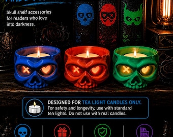 Skull Tea Light Holder – Gothic Skull Shelf Decor – 3D Printed Candle Holder – Dark Fantasy Home Decor – Bookish Gift