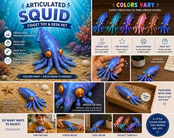Cute Articulated Squid – 3D Printed Flexible Sea Creature – Ocean Fidget Toy – Desk Pet – Sensory Toy Gift – Colors Vary