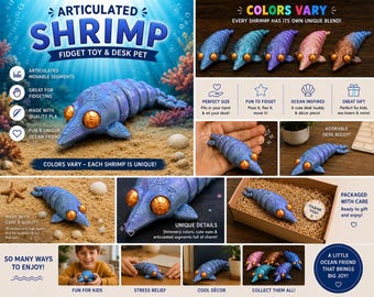 Articulated Shrimp 3D Print – Flexible Sea Creature Fidget Toy – Cute Ocean Desk Pet – Sensory Toy – Colors Vary