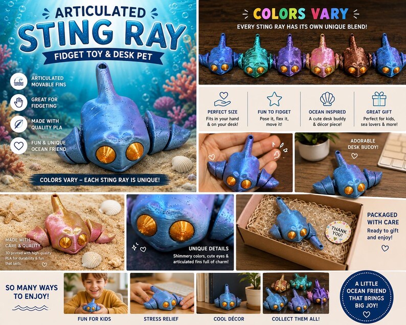 Ray Fidget Articulated Sting Ray Fidget Toy | 3D Printed Ocean Animal Desk Pet - Etsy