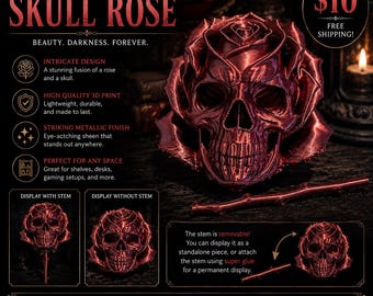 Gothic Skull Rose Removable Stem | Gothic Decor | Dark Romance Gift | Bookshelf Decor | 3D Printed Skull Rose
