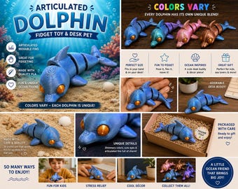 Cute Articulated Dolphin Fidget Toy – 3D Printed Ocean Animal – Sensory Desk Toy – Flexible Dolphin Figure – Beach Lover Gift – Colors Vary
