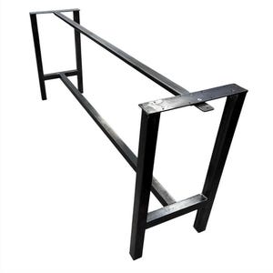 May include: A rectangular black metal table base frame constructed from square tubing. The structure features two H-shaped end supports connected by a long central horizontal bar, with flat mounting plates at the top of each vertical leg section.