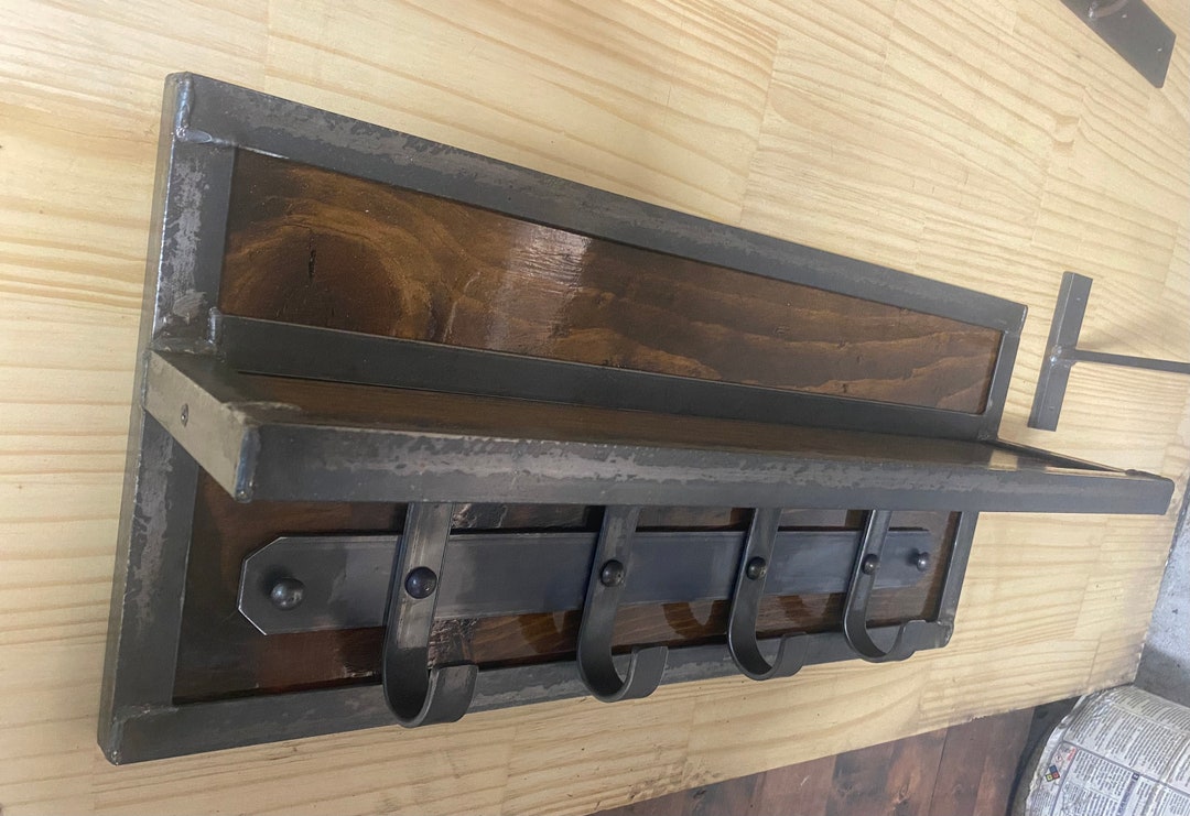 Industrial Style Coat Rack With Shelf Riveted Coat Hooks Etsy