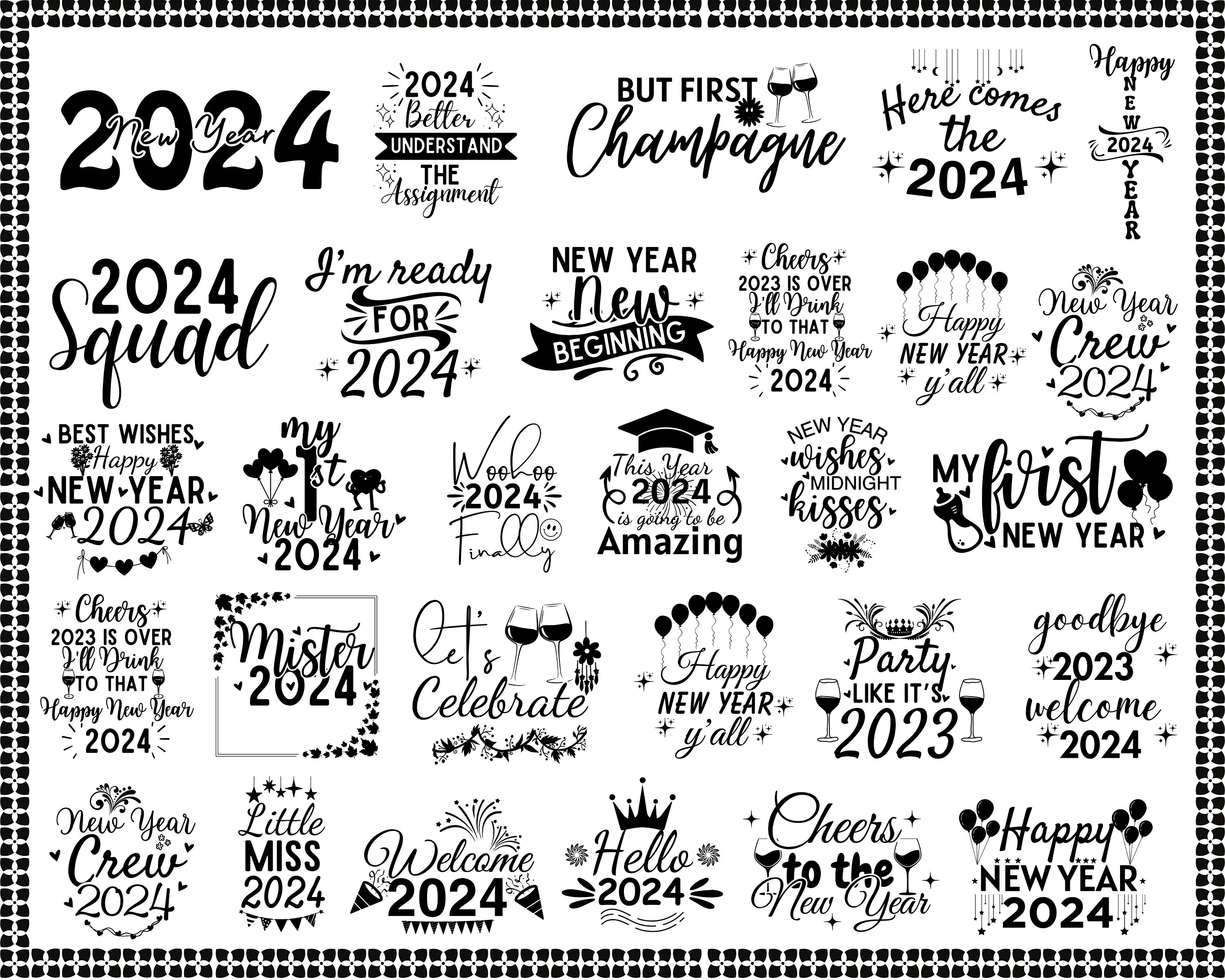 Happy New Year 2024 SVG Bundle, Hello 2024 Svg, Hand Lettered New Year