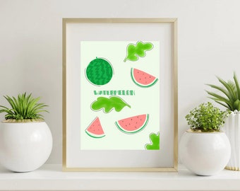 Watermelon Wall Decor, Digital Art Print, Download, Cute Fruit Art