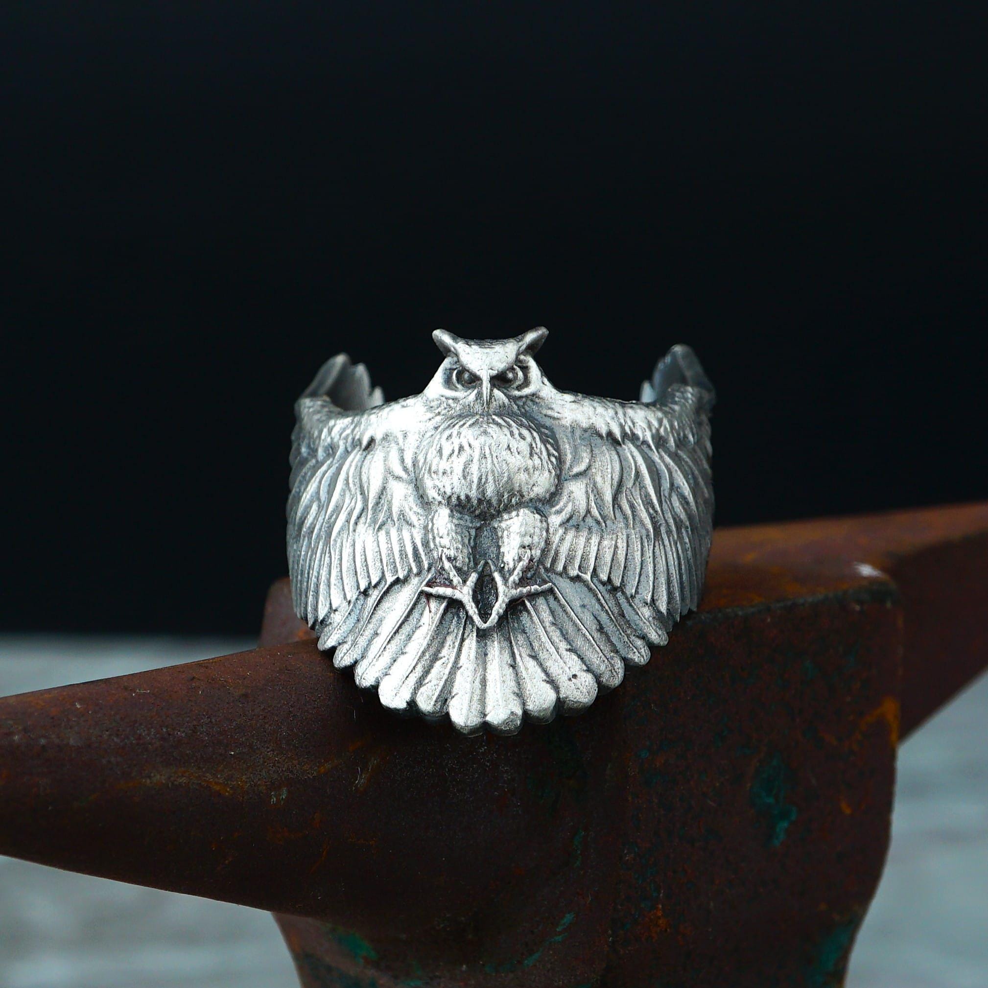 Silver Owl Ring, Handmade 925 Sterling Silver Bird Ring, Men’s Nature Jewelry, Detailed Owl Si