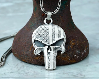 Sterling Silver Skull Pendant • American Flag Punisher Necklace • 925 Silver Men’s Patriotic Jewelry • Handmade Gift for Him