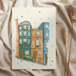 Hand-Drawn Vibrant Townhouse Print – Urban Sketch Art, A5 & A4
