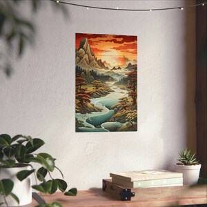 Serenading Sunset with Mountains & River Matte Poster, Embracing Japanese Woodblock Elegance Matte Poster, Nature&#39;s Emotion Apartment art
