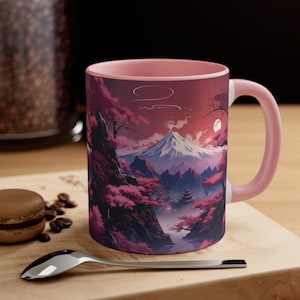 Japan Sakura Mountains Mug – Cherry Blossom Anime Aesthetic Coffee Cup, Japanese Landscape Art Gift