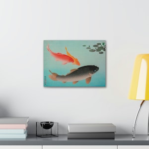 Ohara Koson&#39;s Common and Golden Carp, Koi Fish Hanging canvas art, Japanese Common and Golden Carp Print, Japanese Wildlife Nature artwork