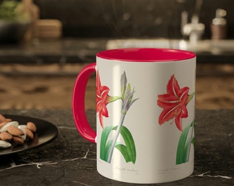 Brazilian Amaryllis Botanical Flower mug, Red Brazilian Flower gift mug, Floral Illustration gift mug, Red and Pink Botanical Gift Mug