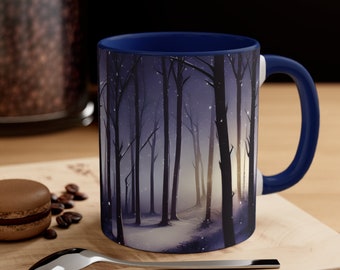 Snowy Forest Mug – Twilight Winter Landscape Coffee Cup, Cozy Ceramic Artwork, Colorful Gift Mug