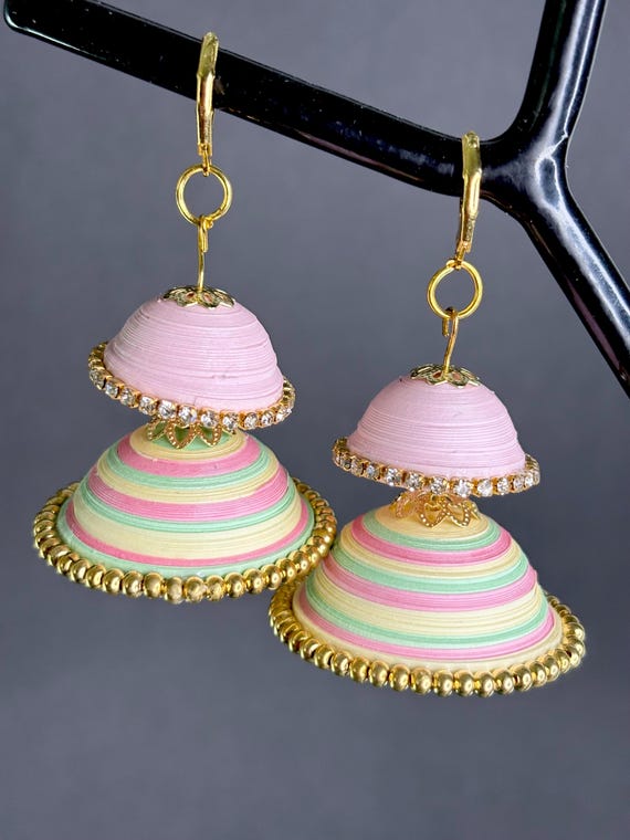 Pastel Quilled Paper Jhumka Earrings: Gold Plated Indian Jewelry