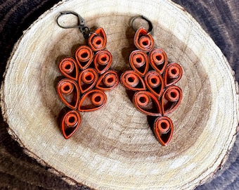 Quilled Flame Tree Paper Earrings: Fiery Orange & Red, Lightweight