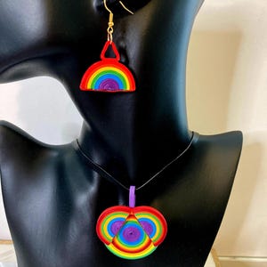 Handmade Quilled Paper Pride Jewelry Set: Rainbow Earrings & Necklace