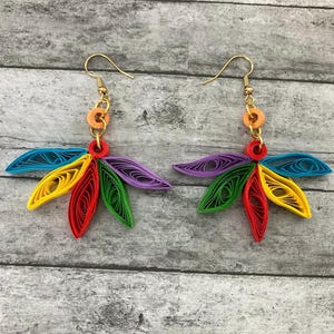 Handmade Pride  Celebration Earrings, Quilled Paper, Rainbow, Dangling Feather Design,statement jewelry