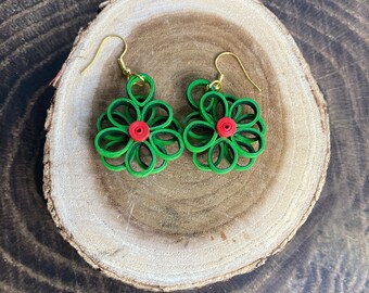 Dangling  red  Earrings -Quilled Paper -green floral earrings hand made, eco friendly , lightweight ,first anniversary gift for her