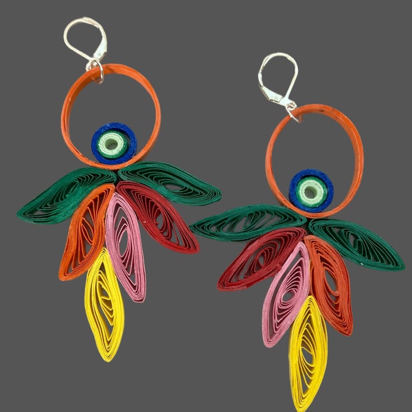 Dangling  Feather Earrings - Quilled Paper - multicolored , colorful lightweight earrings