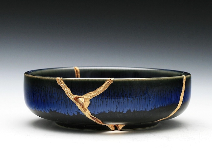 Kintsugi Bowl Blue, Handmade Kintsugi Pottery, Broken and Repaired, Kintsugi Art, Kintsugi Gold, Overcoming Adversity Gift, Get Well Soon