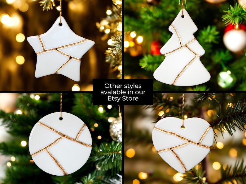 Peut inclure: Quatre d&eacute;corations de No&euml;l en c&eacute;ramique blanche avec des accents dor&eacute;s. Les d&eacute;corations sont en forme d'&eacute;toile, d'arbre, de cercle et de c&oelig;ur. D'autres styles sont disponibles dans notre boutique Etsy.