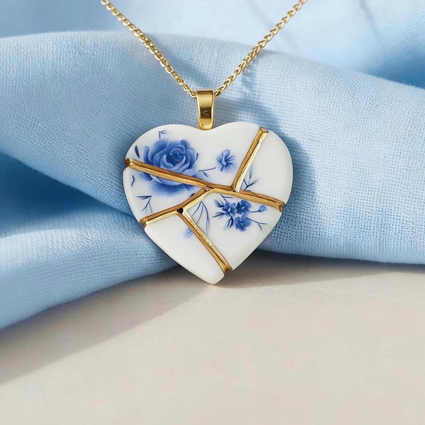 Blue Floral Kintsugi Heart Necklace, Gold Seam Porcelain Pendant, 20th Anniversary, China Anniversary