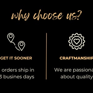 May include: Illustration of a map pin with a curved line leading to another map pin, with the text "Get it sooner" and "All orders ship in 1-3 business days". Illustration of a gear with a heart inside, with the text "Craftmanship" and "We are passionate about quality".