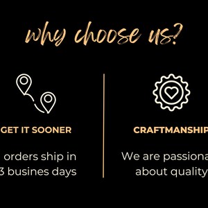 Peut inclure: Graphique avec le texte "why choose us?" et deux ic&ocirc;nes. La premi&egrave;re ic&ocirc;ne est une &eacute;pingle de carte avec une ligne courbe menant &agrave; une autre &eacute;pingle de carte. Le texte sous l'ic&ocirc;ne est "GET IT SOONER" et "All orders ship in 1-3 business days". La deuxi&egrave;me ic&ocirc;ne est un engrenage avec un c&oelig;ur &agrave; l'int&eacute;rieur. Le texte sous l'ic&ocirc;ne est "CRAFTMANSHIP" et "We are passionate about quality".