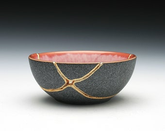 Handmade Kintsugi Bowl, Gold Repair, Speckled Gray Stoneware