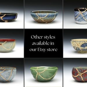 May include: A collection of nine ceramic bowls and cups with a crackle glaze and gold accents. The bowls and cups are in various colors, including blue, green, red, and yellow.  Other styles available in our Etsy store.