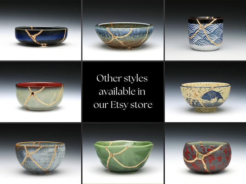 May include: A collection of nine ceramic bowls and cups with a crackle glaze and gold accents. The bowls and cups are in various colors, including blue, green, red, and yellow.  Other styles available in our Etsy store.